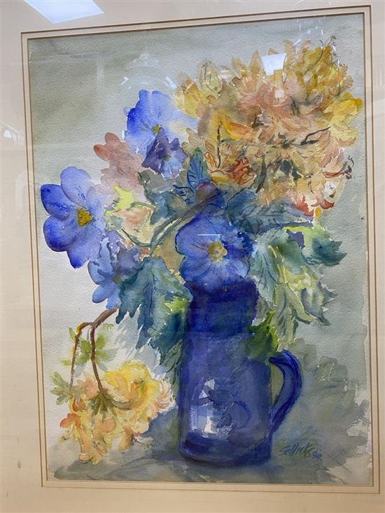 Sheila Cavell Hicks, watercolour, Azalea and the blue blossoms, signed and dated 89, 50 x 37cm